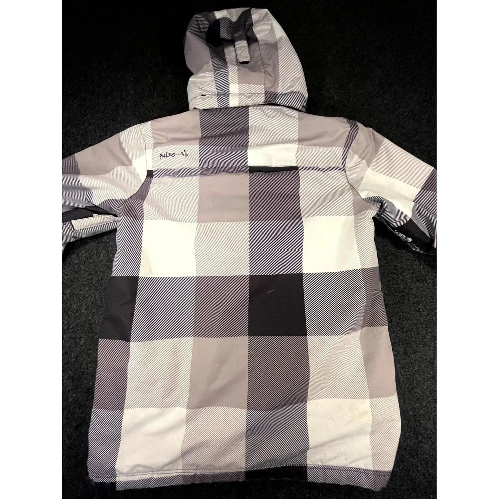 Pulse Winter Ski Jacket Youth Large 16 18 Gray Black Plaid Pockets Hooded Coat